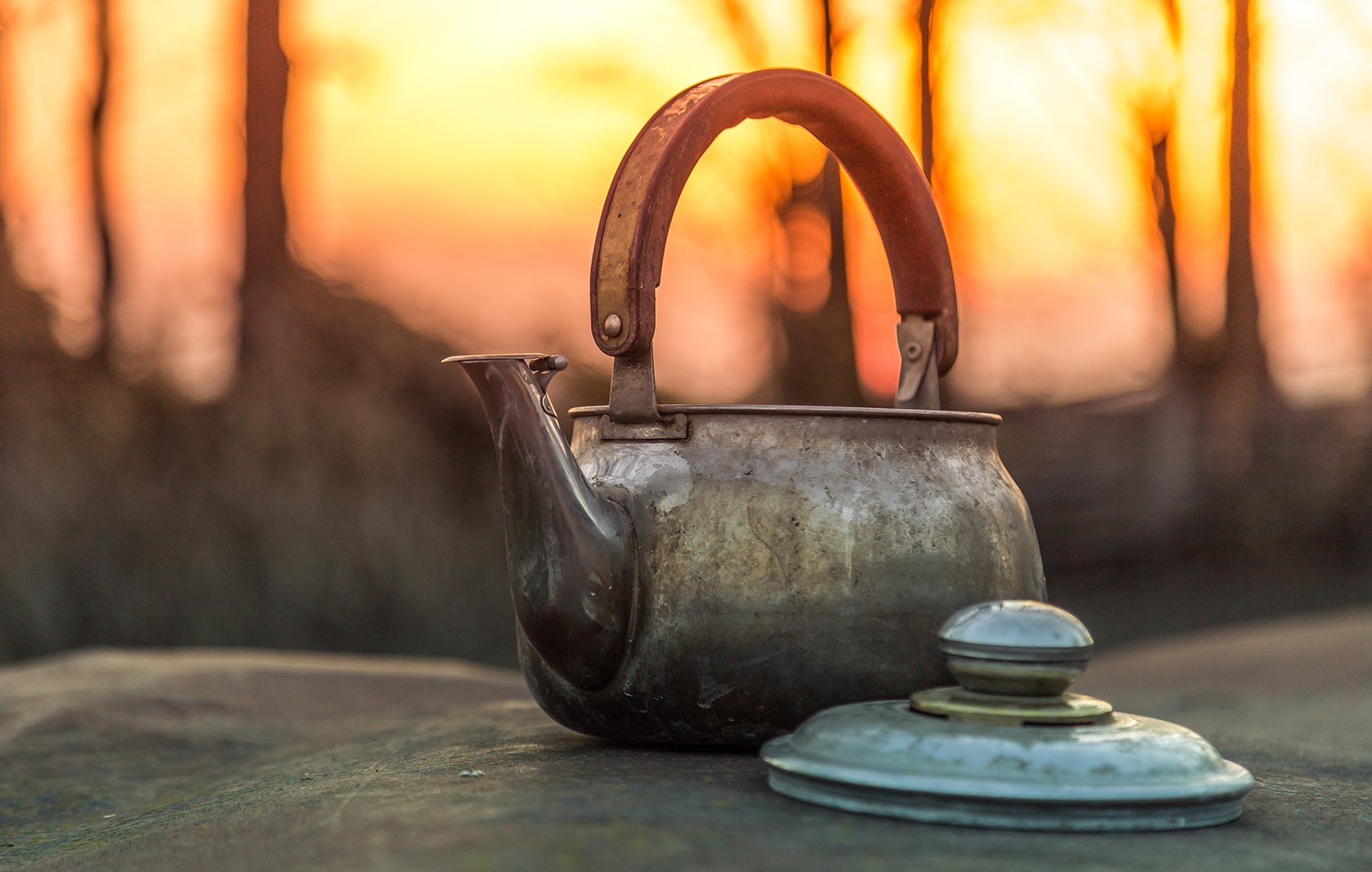 Old kettle on the evening garden, kettle on a metal surface
