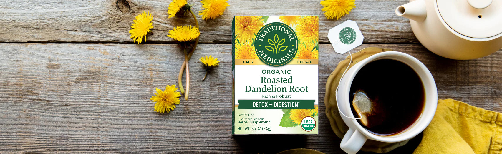 Organic Roasted Dandelion Root Tea Steeping in a Cup with Flowers