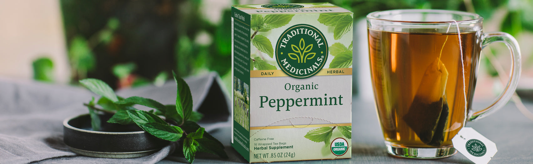 Peppermint tea next to fresh peppermint leaves and steeping mug