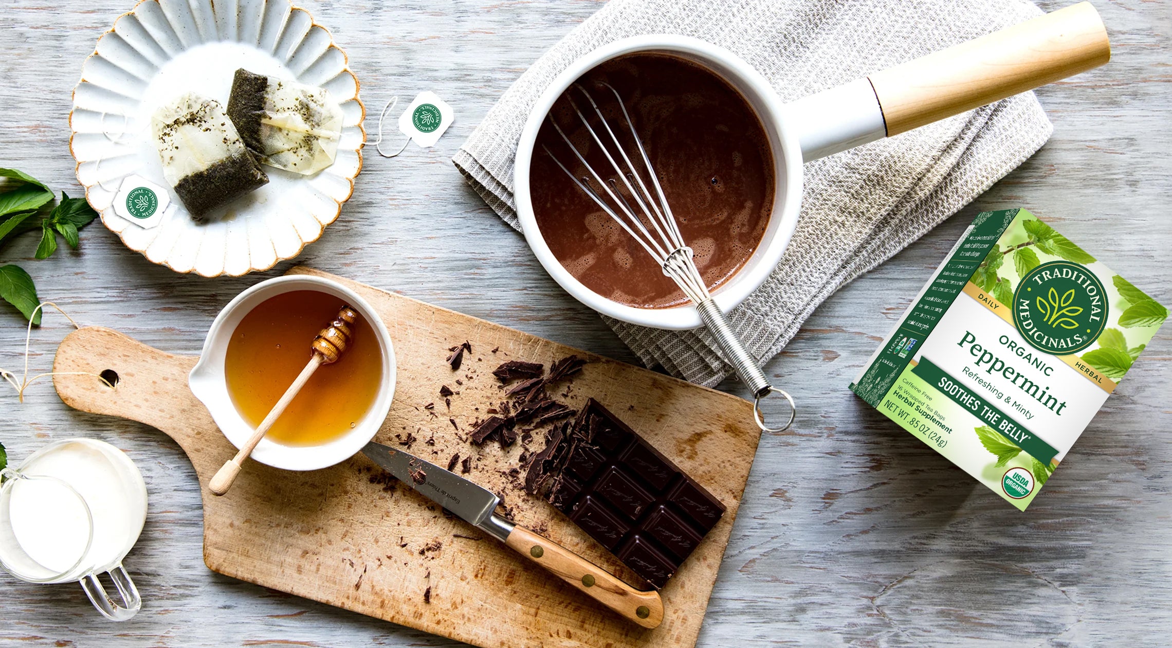 Peppermint Organic Tea overhead shot of table with ingredients