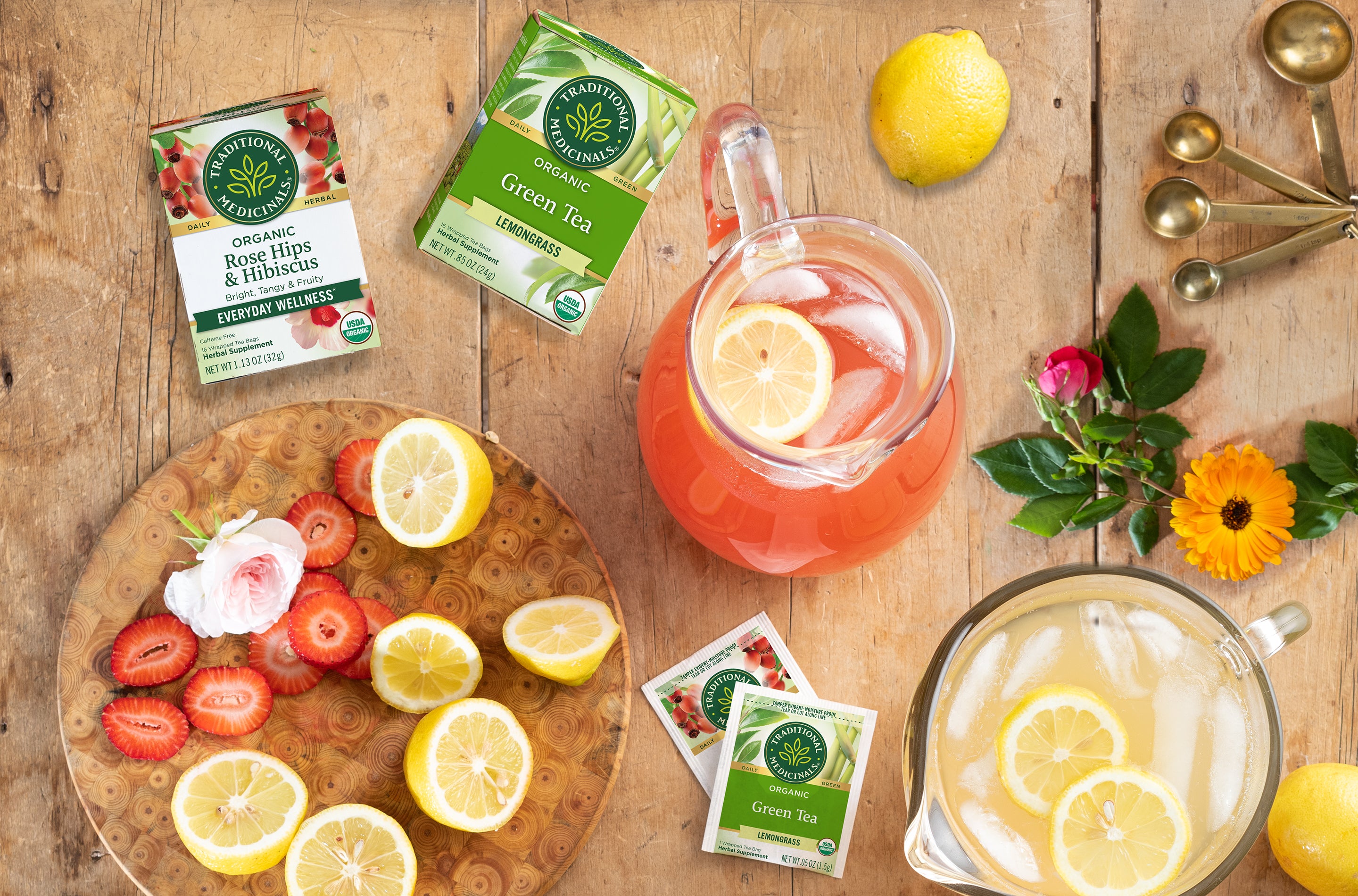 Herbal lemonades and ingredients overhead photo